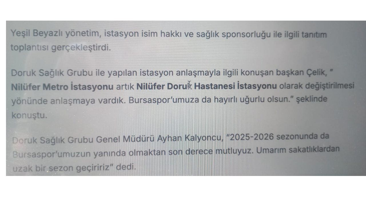 Bursaspor Ve Nev Esentepe Hastanesi'nden İstasyon İsim Değişikliği Açıklaması 2