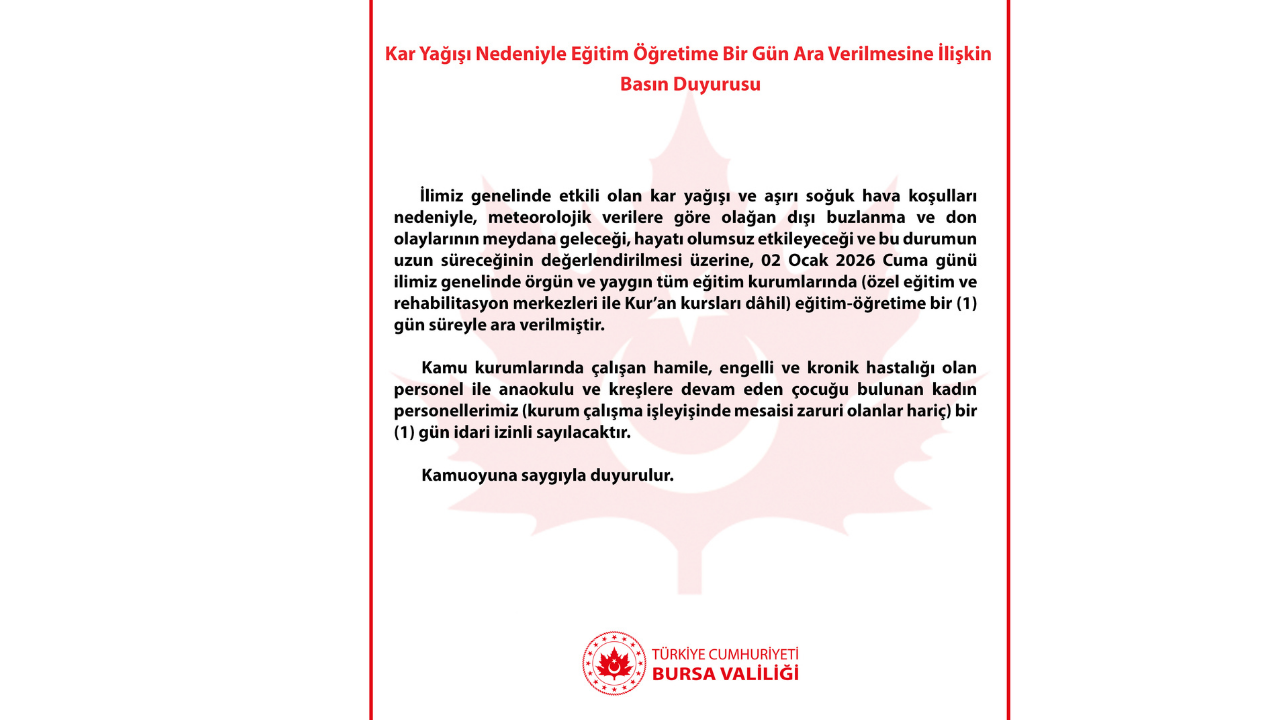 Bursa'da Okullar Tatil Edildi (2 Ocak 2026 Cuma)2