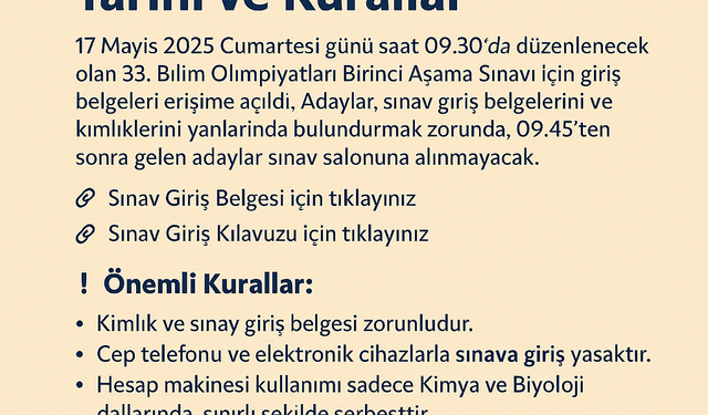 33. Bilim Olimpiyatları Sınav Giriş Belgeleri Yayımlandı: İşte Sınav Tarihi ve Kurallar
